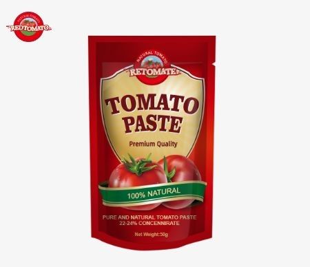50g in Stand Up Sachet 토마토 페이스트는 ISO HACCP 및 BRC 표준을 충족하고 FDA 생산 규정을 준수합니다