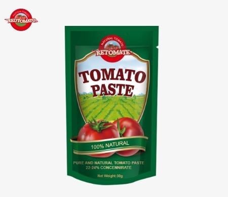50g in Stand Up Sachet 토마토 페이스트는 ISO HACCP 및 BRC 표준을 충족하고 FDA 생산 규정을 준수합니다
