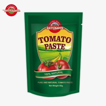 80g 스탠드업 봉지 두 배 농축 토마토 페이스트는 30%에서 100%까지의 순도 수준으로 제공됩니다.