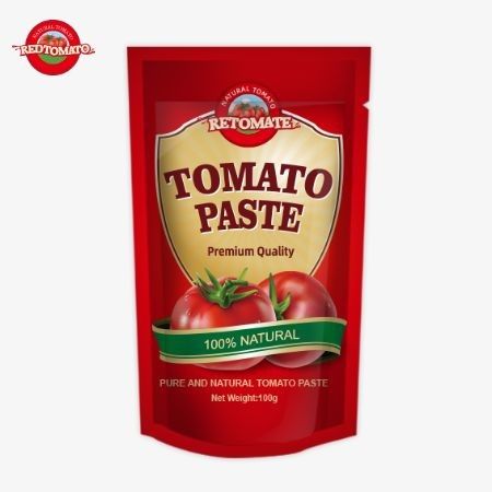 OEM 100g 스탠드업 소켓에는 30%에서 100%까지 순도가 있는 이중 농축 토마토 페이스트가 포함되어 있습니다.