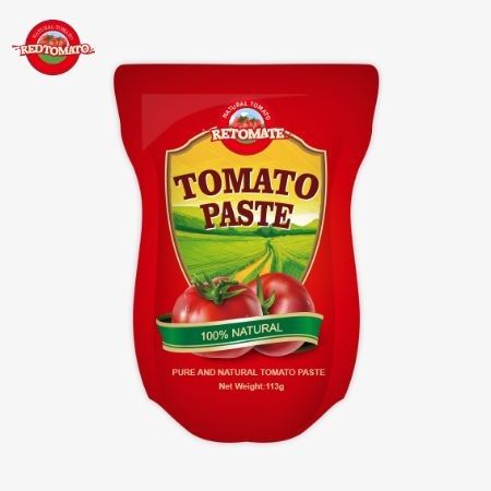 토마토 페이스트 공장은 ISO HACCP BRC 및 FDA 생산 표준을 따라 113g 서있는 봉지를 생산합니다.