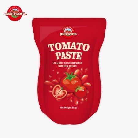 토마토 페이스트 공장은 ISO HACCP BRC 및 FDA 생산 표준을 따라 113g 서있는 봉지를 생산합니다.
