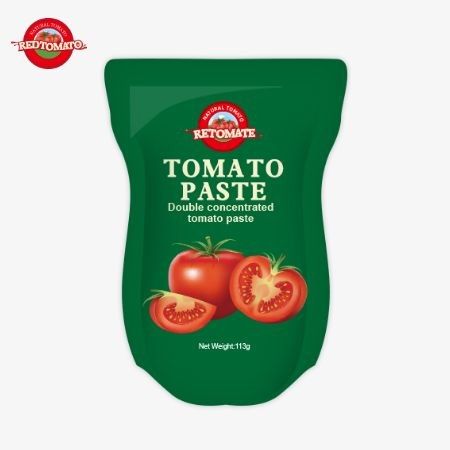 토마토 페이스트 공장은 ISO HACCP BRC 및 FDA 생산 표준을 준수하여 113g 서있는 봉지를 생산합니다.