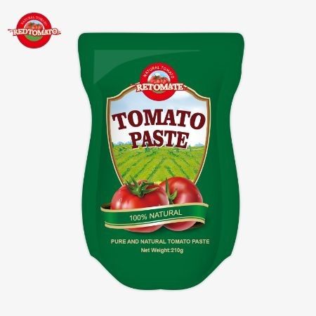 210g 스탠드업 사켓 토마토 페이스트의 생산은 ISO HACCP BRC 및 FDA 제조 표준을 충족합니다.