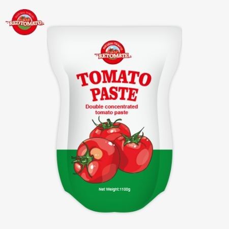 1100g 스탠드업 토마토 페이스트 팩은 ISO, HACCP 및 BRC 표준을 준수합니다.