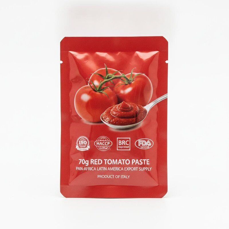 70g ISO HACCP BRC FDA 인증 레드 토마토 페이스트 사셰 팬아프리카 라틴아메리카 수출 공급