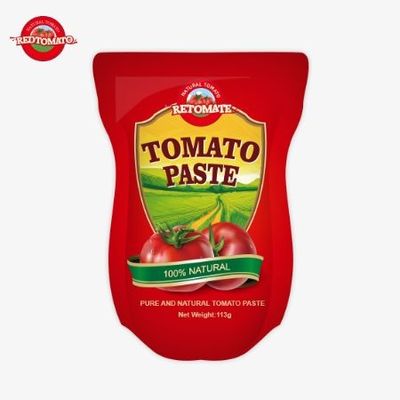 토마토 페이스트 공장은 ISO HACCP BRC 및 FDA 생산 표준을 따라 113g 서있는 봉지를 생산합니다.