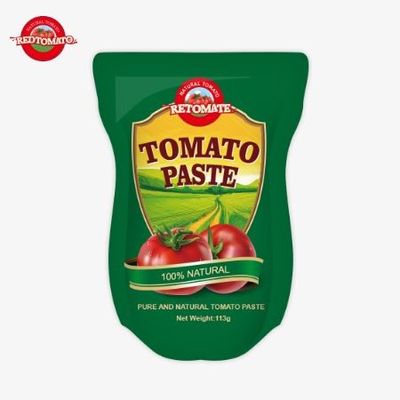 토마토 페이스트 공장은 ISO HACCP BRC 및 FDA 생산 표준을 따라 113g 서있는 봉지를 생산합니다.