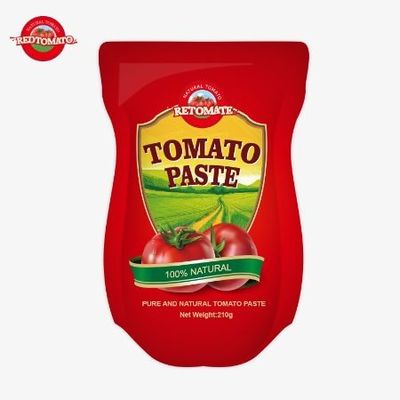 210g Stand Up Sachet 토마토 페이스트는 ISO HACCP BRC 및 FDA 생산 표준에 따라 제조됩니다.